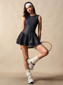 VARSIVA Women's Polka Dot Backless Sleeveless Sports Dress With Shorts - Black - View 6
