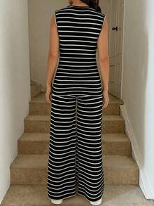 SHEIN 两件套孕妇条纹上衣和可调节腰围阔腿裤休闲日常穿搭 - 黑色 - 查看 2