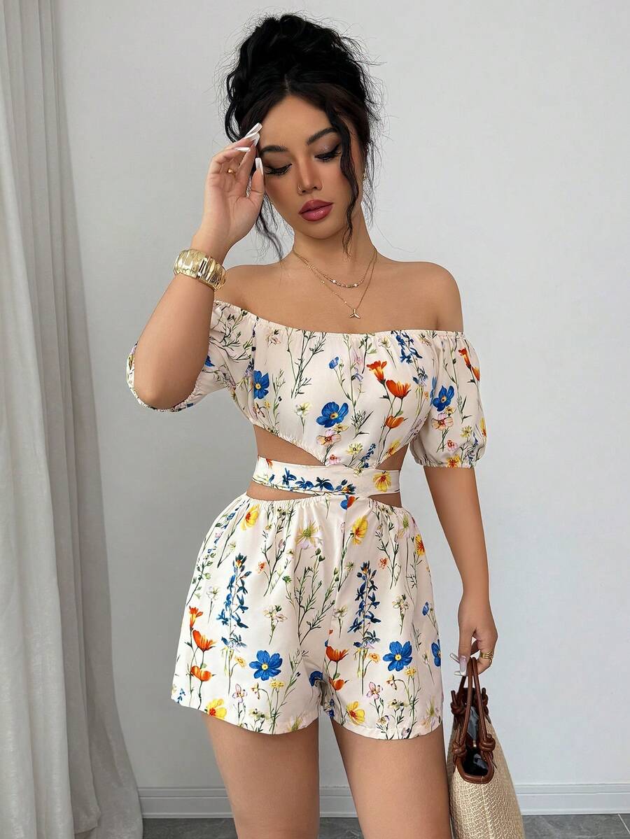 Elenzga 女士休闲优雅杏色碎花露肩系带修身连体裤，春夏款 - 彩色 - 查看 1