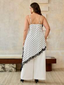 Roveilla Plus Size Women's Lace Patchwork Sheer Satin Camisole Top,Elegant Black And White Polka Dot Asymmetrical Spaghetti Strap Top,Summer Date Night Set - Black and White - View 3