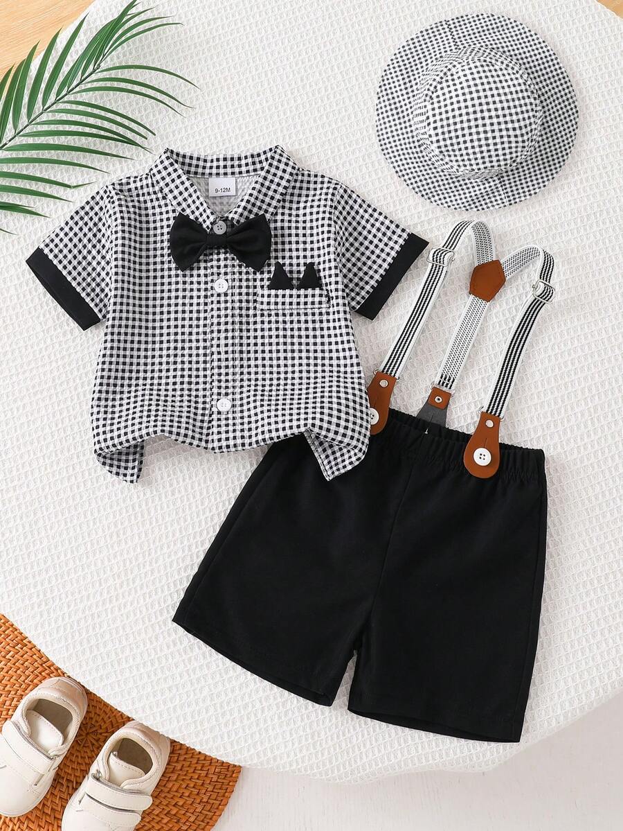SHEIN Wimblie 4件組 0-3歲男嬰黑白格紋套裝，夏季可愛周歲生日短褲套裝，含蝴蝶結紅色襯衫、吊帶褲、帽子，適合派對與婚禮
