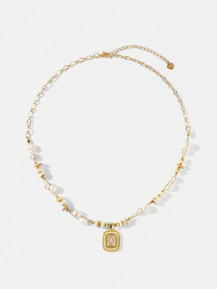 MOTF PREMIUM 欧美时尚淡水珍珠拼接十字项链，女士设计感十足的金属缠绕珍珠手链时尚项链 - 彩色 - 查看 2