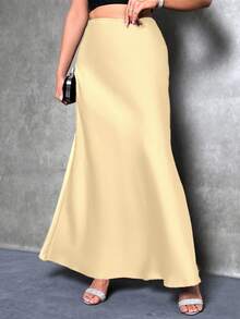 Glamine Jupe longue satinée style sirène de couleur unie pour femmes, été, élégante, convient pour les soirées en amoureux, les fêtes, le port quotidien, jupe longue formelle, pour femmes grandes - Jaune clair - Voir 5