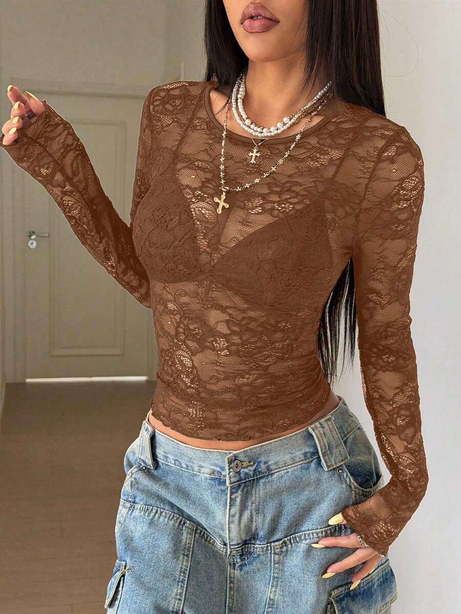 StreetHx Áo sơ mi ren đen dành cho nữ - Màu nâu Mocha - Xem 1