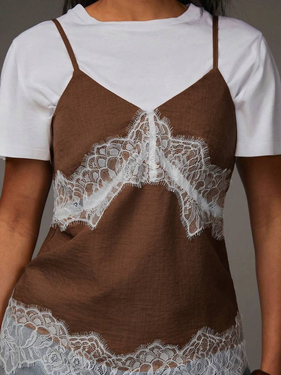 Athîral Áo hai dây ren phối màu xanh dương dành cho nữ, kiểu dáng thường ngày, thích hợp cho kỳ nghỉ. - màu nâu - Xem 1