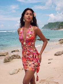 Nevyona 女士时尚豹纹露背吊带荷叶边迷你连衣裙，夏季 - 彩色 - 查看 3