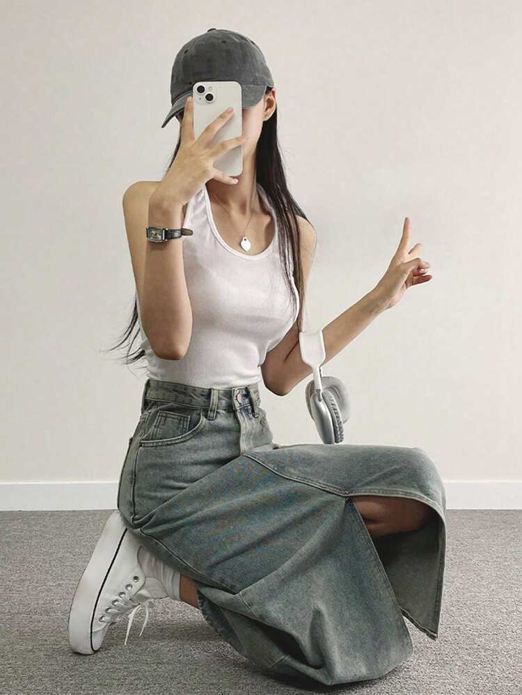 High-Low Hem Washed Denim Skirt Jeans Skirt