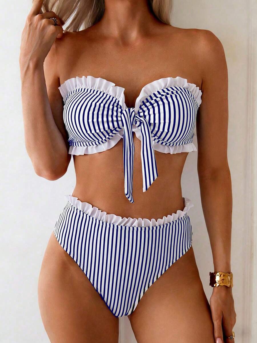 SHEIN Swim Spring/Summer Beach Vacation Striped Print 2 Pieces Set, Ruched Neckline, Ruffled Hem Pants - Multicolor - View 1