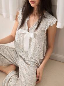 Ocili 2pcs Comfortable Soft Minimalist Drawstring Pants, Women Pajama Set - Blue - View 7