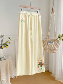 Sweetra 女士浅黄色长款运动裤，Sweetro-D 系列，甜美风格，适合旅行、度假、休闲、通勤，性感清新，前片刺绣图案，抽绳腰带，长款运动裤 - 杏色 - 查看 3