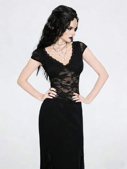 Breakform Áo kiểu nữ gợi cảm phong cách Gothic, chất liệu ren lưới, phối nhiều mảnh, màu trơn, cổ chữ V sâu, viền bèo nhún, ôm sát.