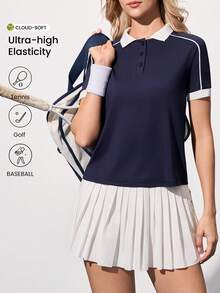 CourtClass 女士夏季休闲运动撞色滚边网球Polo衫 - 藏蓝色 - 查看 1