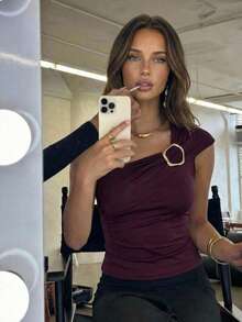 Aloruh 女士新款性感露肩紫红色上衣/性感短款上衣/度假上衣/可爱夏日上衣/优雅上衣 - 中紫紅色 - 查看 8