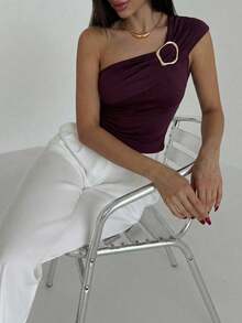 Aloruh 女士新款性感露肩紫红色上衣/性感短款上衣/度假上衣/可爱夏日上衣/优雅上衣 - 中紫紅色 - 查看 4