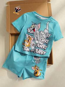 TOM & JERRY X SHEIN 男婴字母卡通印花圆领短袖T恤和短裤套装 - 青碧色 - 查看 2