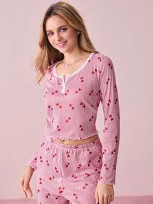 Bonmuse Women's Knitted Jacquard Heart Print Lace Trim Square Neck Collar Long Sleeve Pajama Set - Multicolor - View 9