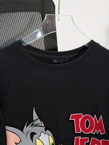 TOM & JERRY X SHEIN Buchstaben & Cartoon Grafik Lässig Loose Rundhals Kurzarm Damen T-Shirt für 2025 Neujahr, Sommer - Schwarz - Übersicht 4