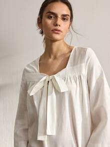 Ocili Camisón de mujer de 100% algodón sólido con cuello redondo, mangas 3/4 y cintura con lazo, cómodo - Blanco - Ver 4