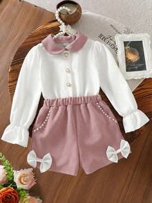 SHEIN Elladie kids 2件組少女甜美優雅彼得潘領珍珠鈕扣拼色襯衫與蝴蝶結珍珠短褲，秋季親子套裝可愛淑女風派對套裝 - 藕粉色 - 查看 3
