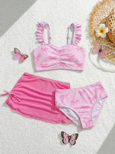 Young Girls Cute Pink Striped Bow Knitted Bikini Set With Ruffle Trim, Stylish Separate Swimsuit With Skirt, Suitable For Swimming, Beach, Pool, Summer Vacation