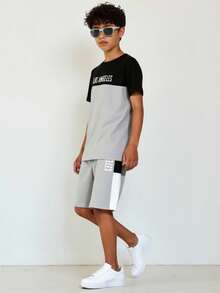 Vacaura Teenager Boys' Spring/Summer Short Sleeve & Shorts 2 Pieces Set, Black & Gray Contrast Color, Los Angeles Letter Print Loose Fit Shorts, Casual Streetwear & Skateboarding Outfit - Multicolor - View 4