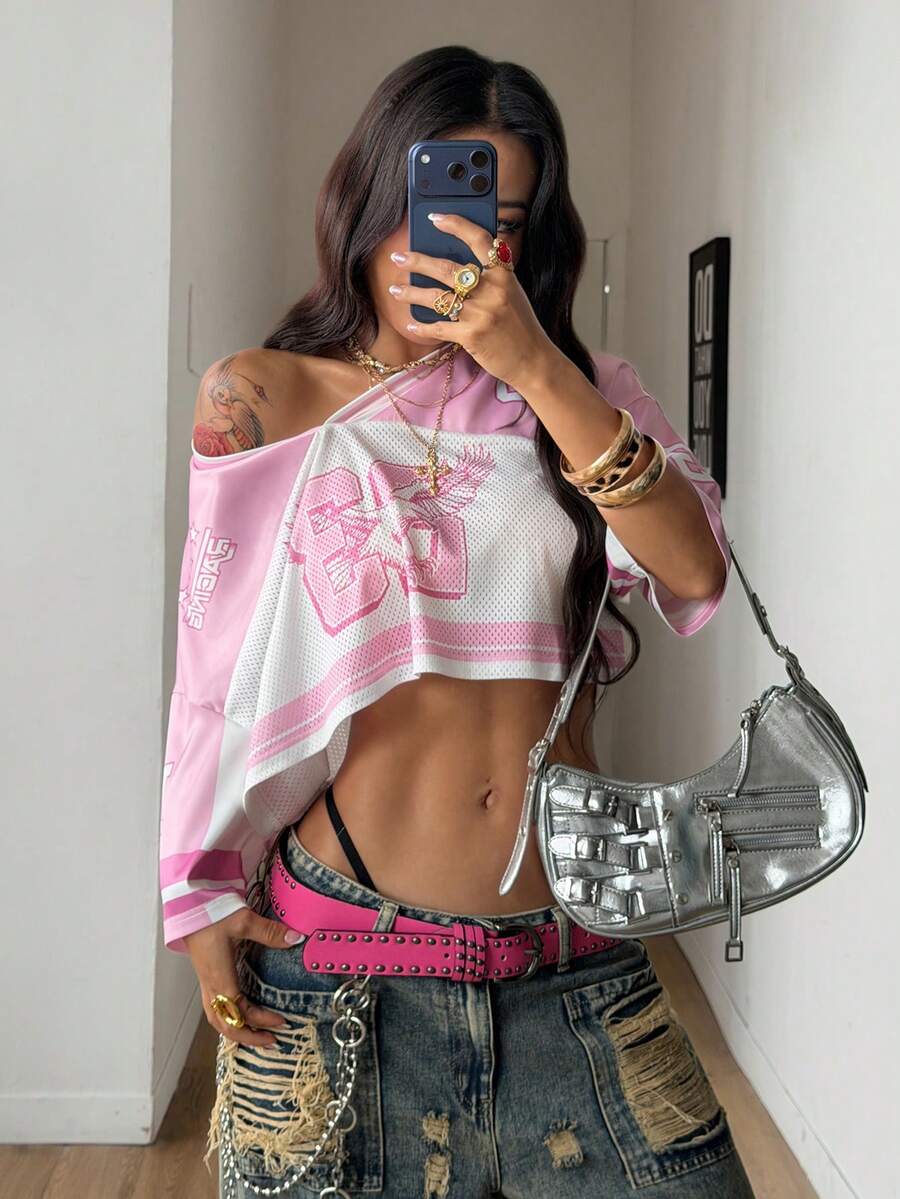 Coolane Women's Summer Streetwear Sport Crop Jersey Number Graphics Loose Breathable Mesh T-Shirt - Multicolor - View 1