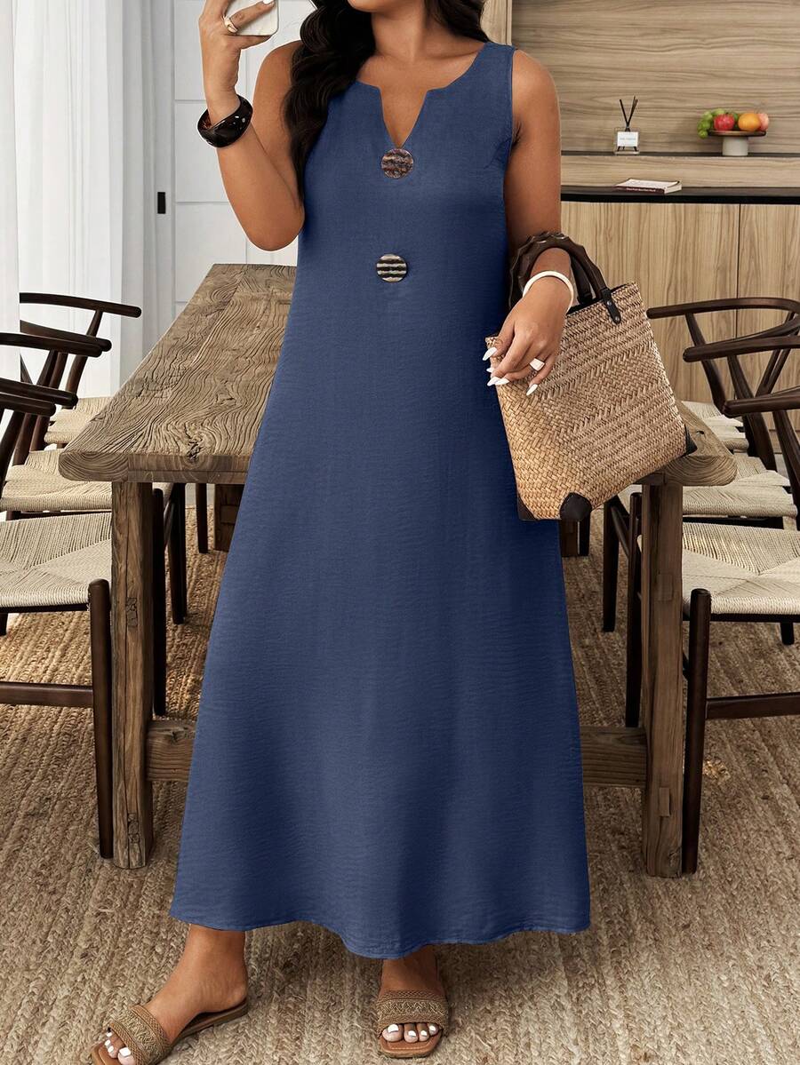 EMERY ROSE 大码女式夏季休闲度假风V领无袖宽松连衣裙 - 藍色 - 查看 1