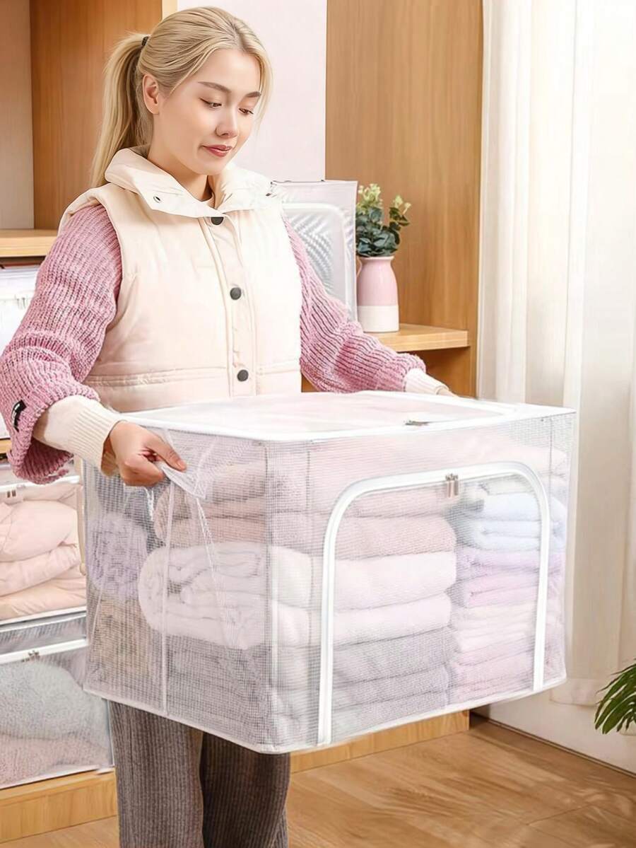 Transparent PVC Storage Box, Large Waterproof Steel Frame Household Clothing And Bedding Storage Box, Foldable Wardrobe Storage Box, Bedroom Storage Box - White - View 1