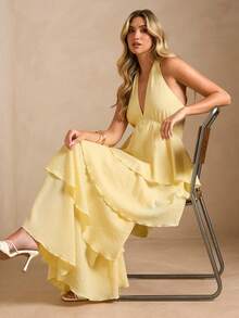 Enchnt Vestido de mujer con cuello en V, estilo halter, lazo y dobladillo con volantes, para vacaciones - Amarillo - Ver 5