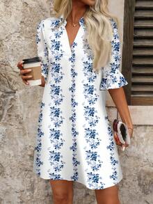 EMERY ROSE Blue & White Floral Plus Size Dress, Suitable For Summer - Multicolor - View 5