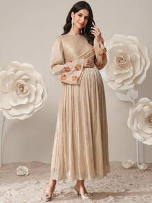 SHEIN Đầm bầu tay dài cổ tròn xếp ly màu trơn thanh lịch - Màu Khaki - Xem 5