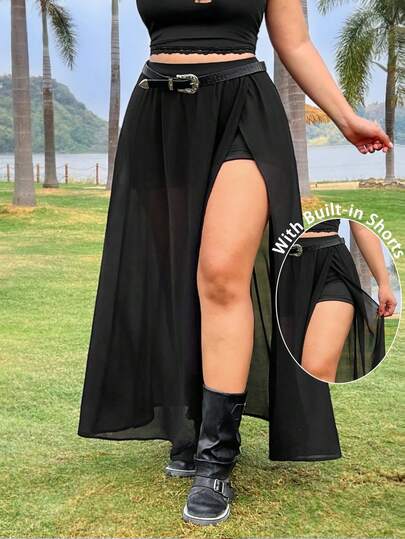 Muchica Plus Size Women's Solid Color Side Slit Hem Skirt, Spring/Summer