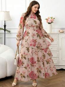 Reflora 大码女式印花立领优雅收腰派对连衣裙 - 粉色 - 查看 4