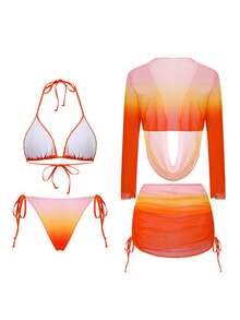 Swim SXY Bộ đồ bơi 4 món dành cho nữ: Áo hai dây hở lưng, áo sơ mi buộc dây bên hông, quần bơi buộc dây bên hông, chân váy ngắn buộc dây bên hông - Bộ bikini gợi cảm. - Nhiều màu - Xem 3