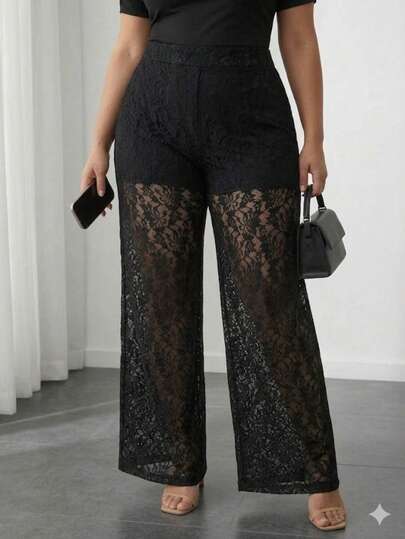 Pantalon Mujer Encaje Cintura Alta Pierna Ancha Elegante Transparente Fiesta Casual Moda Verano