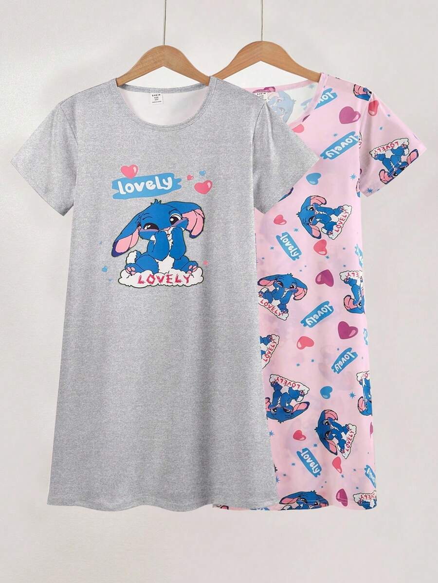 2件套 女童简约可爱卡通绵羊印花短袖长款睡衣套装，粉色和灰色 - 彩色 - 查看 1