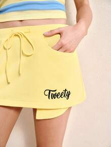 LOONEY TUNES X SHEIN Women's Striped Halter Neck Tank Top And Mini Skirt 2 Pieces Set, - Yellow - View 7
