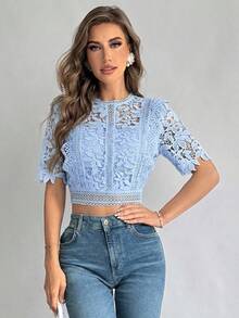 Women's Lace See-Through Camisole Shirt For Summer,Summer Top - Baby Blue - View 5