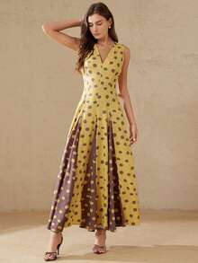 Aveloria Rosie 优雅的法式复古波点深V领无袖收腰撞色下摆连衣裙，适合约会和度假穿着。 - 彩色 - 查看 5