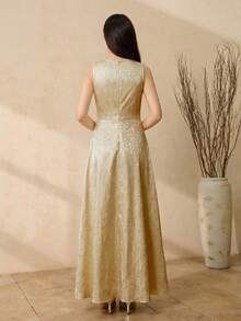 SHEIN Đầm không tay khóa kéo bằng vải jacquard thanh lịch dành cho thiếu nữ, thích hợp mặc hàng ngày và nhiều dịp khác nhau, mùa xuân/hè. - Màu Khaki - Xem 2