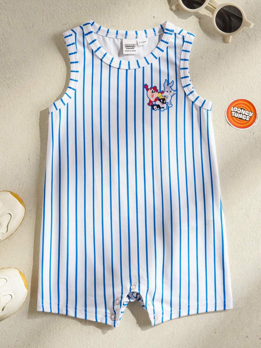 LOONEY TUNES X SHEIN Áo liền quần cổ tròn in hình hoạt hình và sọc cho bé trai - trắng - Xem 1