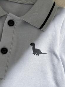 SHEIN Souflis 男婴恐龙印花短袖Polo衫和短裤休闲套装 - 淺灰色 - 查看 7