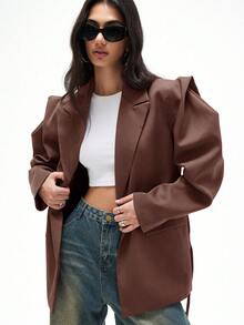 Aveloria GENKIRA Loose Fit Casual Commuter Versatile Extra Wide Shoulder Silhouette Drawstring Decor Solid Color Blazer - Rusty Rose - View 4