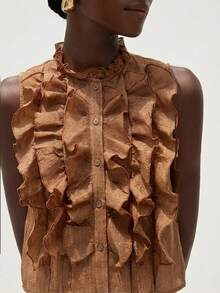 Aveloria Modichic Elegant Romantic Versatile French Style Sleeveless Shirt For Women, White Textured Crinkle Sheer Multi-Layer Ruffle Collar Design - Rust Brown - View 6