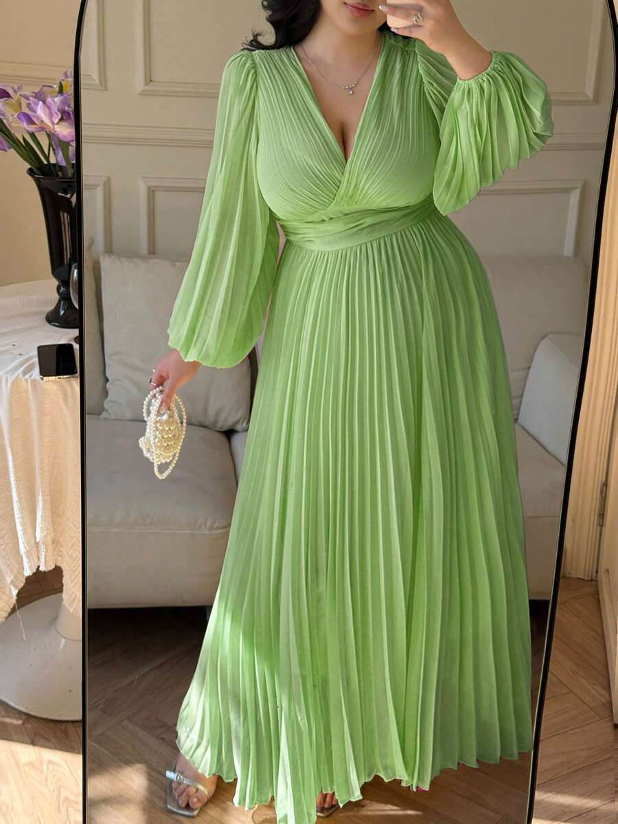 Flirla 法式优雅公主风褶皱荷叶袖A字度假婚礼伴娘礼服,纯黄色,大码 - 綠色 - 查看 1