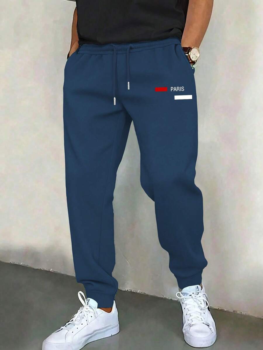 Manfinity Homme Men's Casual Sweatpants With Pockets And Drawstring, Loose And Versatile - Teal Blue - View 1