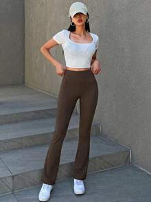 DAZY Versatile Solid Color Flare Leggings - Coffee Brown - View 4