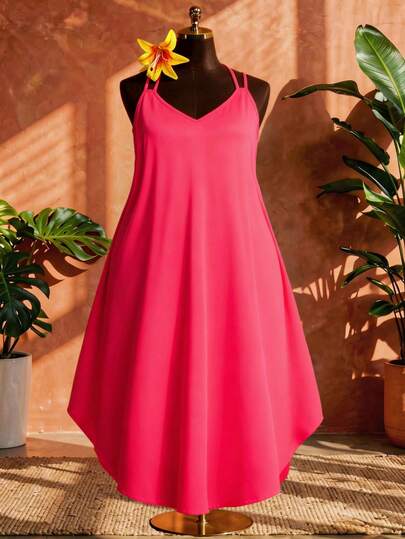 SHEIN CURVE+ Vestido largo casual de unicolor bohemio para vacaciones en la playa o festivales de música, talla grande US22, con bajo curvo, para mujer