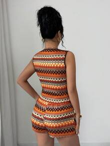 Elenzga 女士优雅针织提花几何图案V领无袖修身上衣 + 女士优雅休闲修身短裤，春夏款 - 彩色 - 查看 2