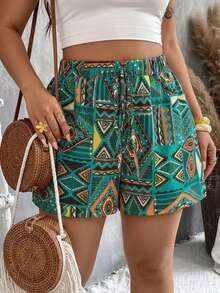 SHEIN VCAY Quần short dáng rộng, in họa tiết hình học nhiều màu sắc, kiểu dáng thường ngày, cỡ lớn. - màu xanh lá - Xem 4